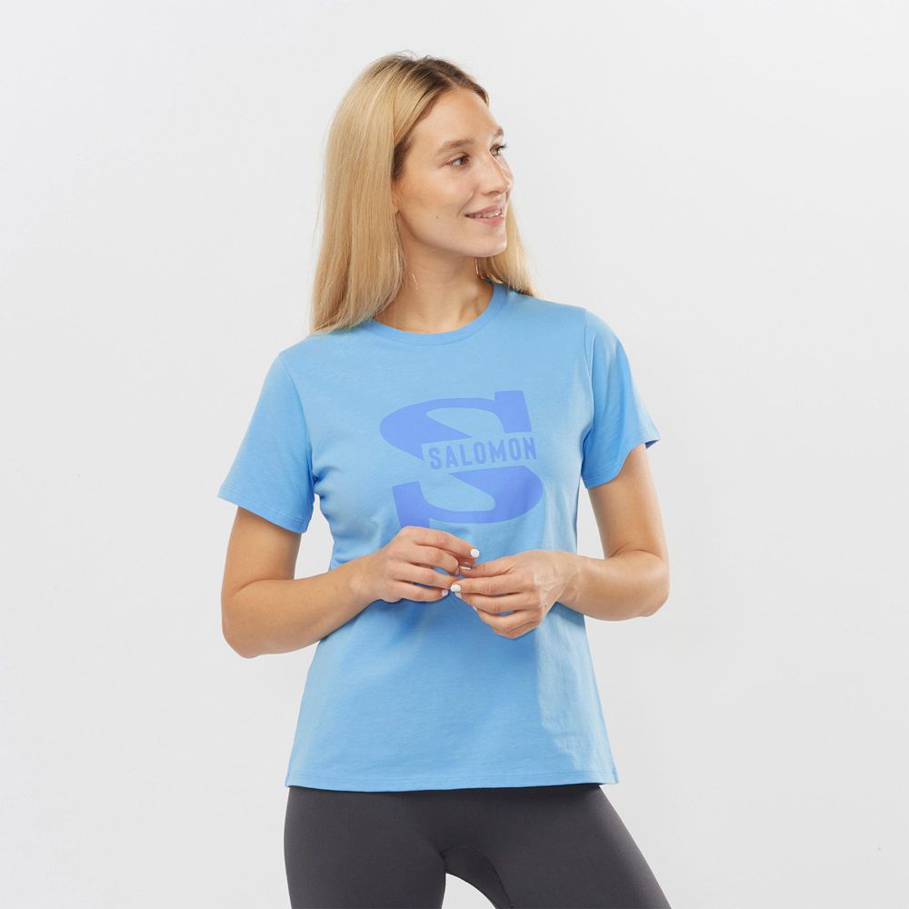 Salomon Singapore Womens T-shirts - OUTLIFE BIG LOGO Blue | 80416-DSJA